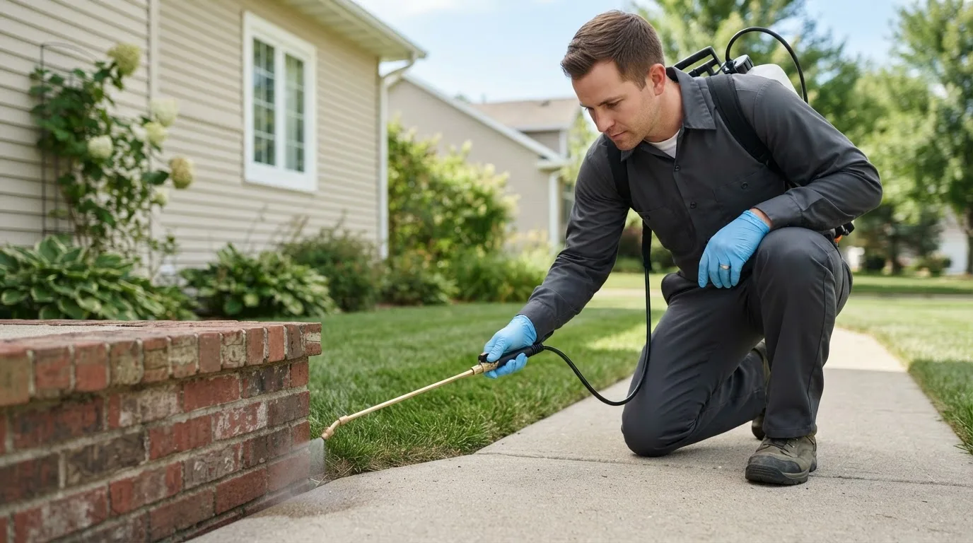 Pest control technician treating a home near Roy, MT